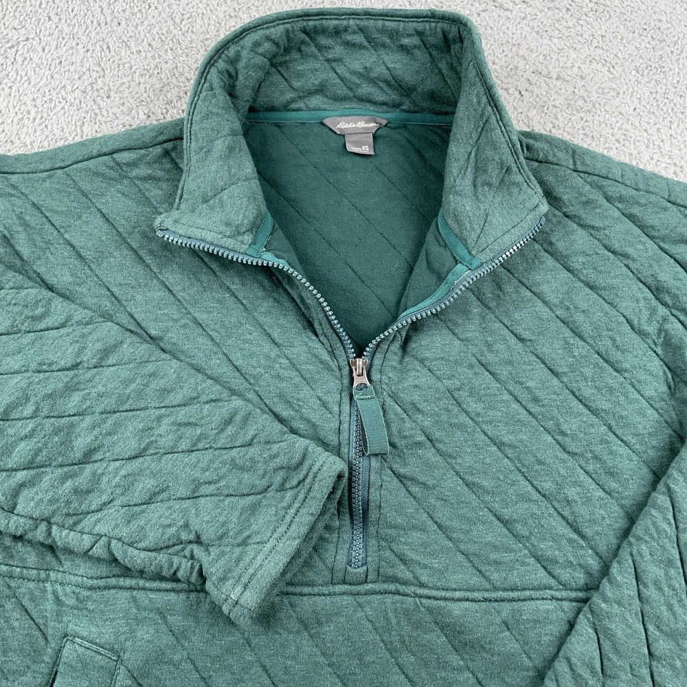 Eddie Bauer Pullover Womens XS Green Quilted 1/4 Zip Kangaroo Pocket Lined